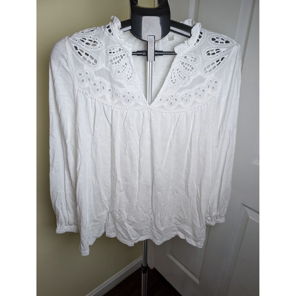 Boden Blouse Women Size 10 White Eyelet Lace V-Neck Long Sleeve Boho Top